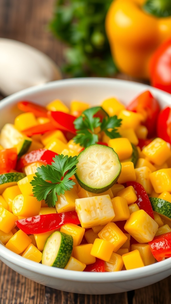 A vibrant vegetable medley with corn, zucchini, and bell peppers in a bowl, garnished with parsley on a wooden table.